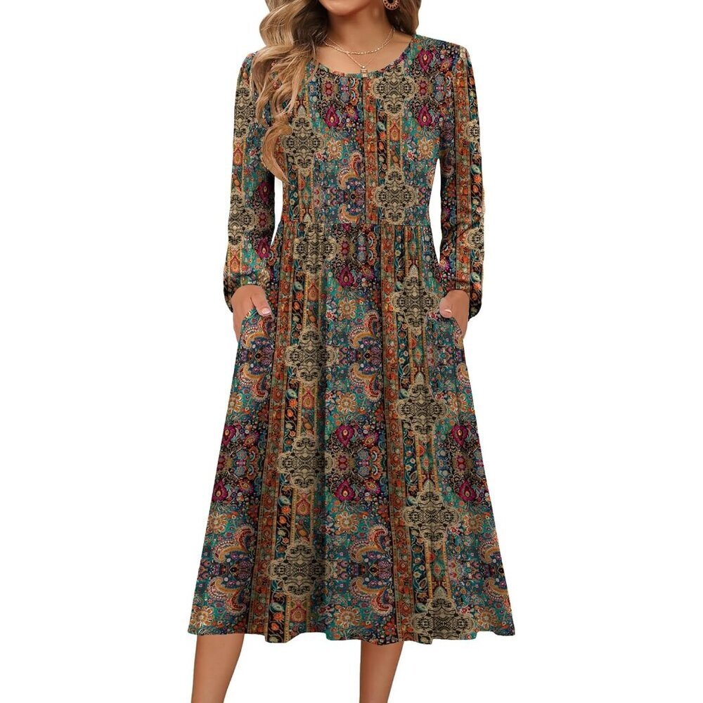 Zeagoo Women Ethnic Style Long Sleeve Flowy A-Line Boho Long Dress with Pockets